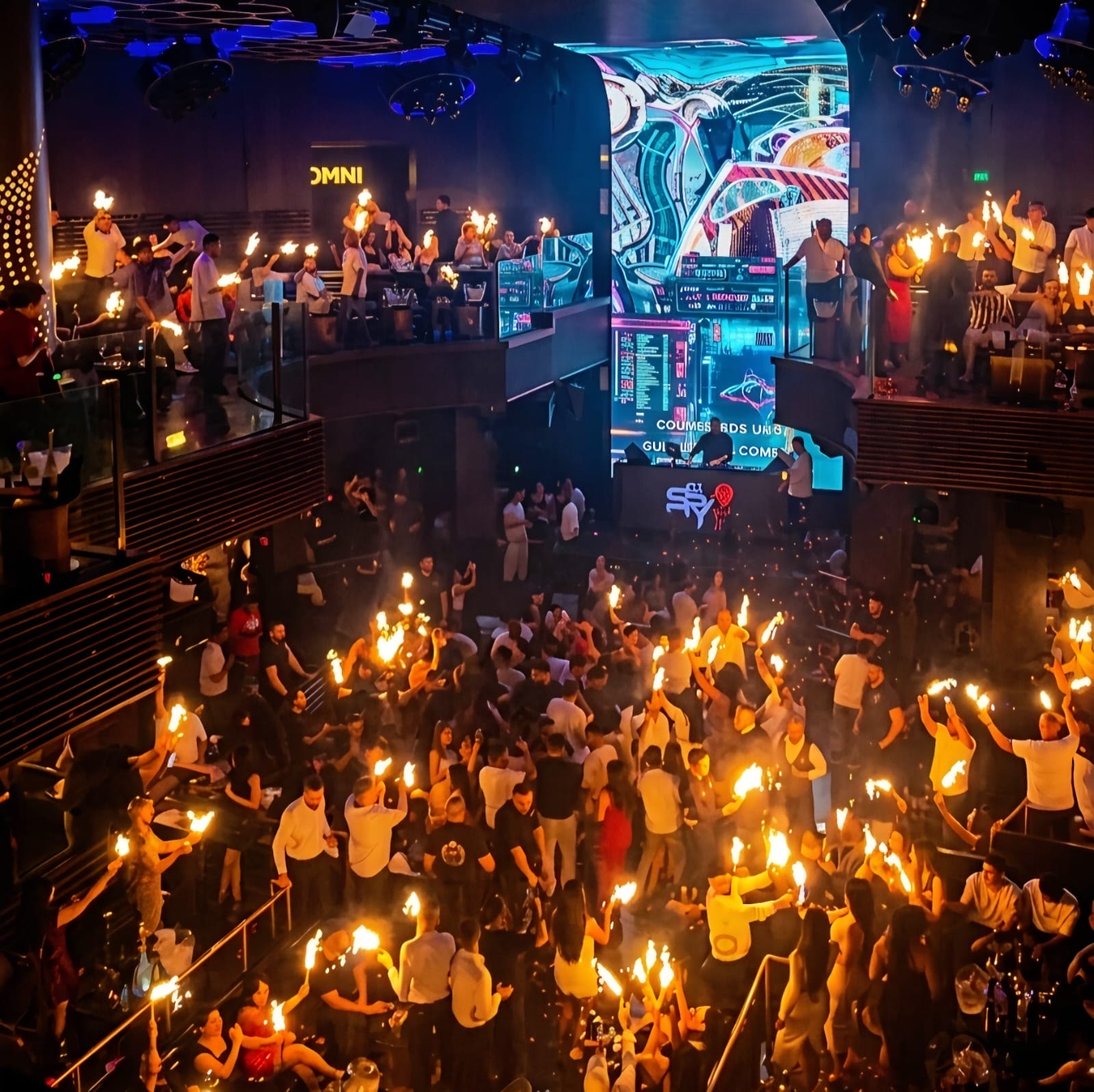 Guests raising lit bottle sparklers across a packed floor at XnO Nightclub Dubai