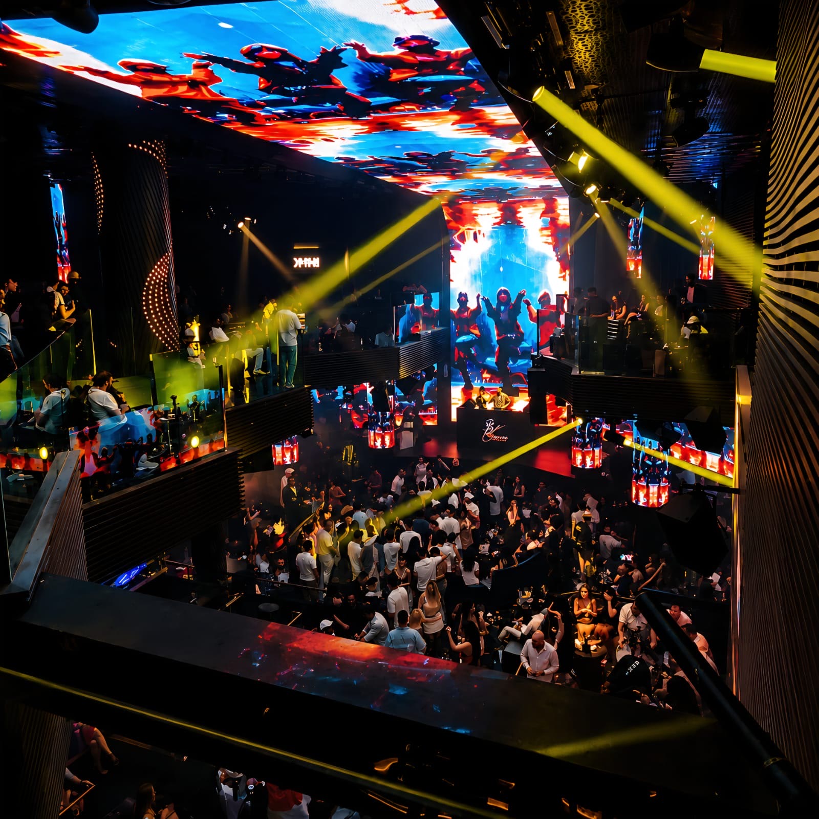 Wide view of XnO Nightclub Dubai main arena filled with guests and stage lighting